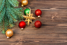 Christmas Tree And Decor On A Wooden Background.