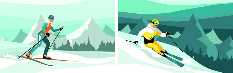 Wall Mural - Set of Vector illustrations winter background, poster, postcard, website. Advanced skiers man and woman slides near the mountain downhill. Cross-country skiers.