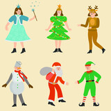 Fototapeta  - Flat carnival Christmas costume collection. set of Christmas icons