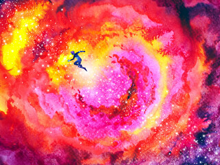 human rush run in fire flame abstract art spiritual mind aura universe watercolor painting illustrat