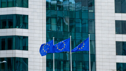 Wall Mural - Closeup shot of a high business building with a flag of the European Union