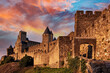 Cité de Carcassonne, French medieval fortress of Carcassonne at sunset, France