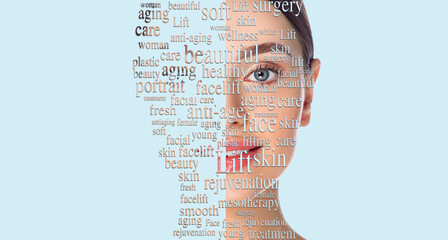 Beauty woman face with word on face showing cosmetology and aesthetic medicine concept. Advertising lifting face skin, on blue background