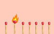 © oxyggen - Fire of love concept. Burning matchstick with heart shaped head between ordinary others on pink background. Passion and perfect match vector illustration.
