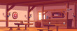 Old tavern, vintage pub with wooden bar counter, shelf with bottles, lanterns and beer mug on table. Vector cartoon empty interior of retro saloon with barrel and darts target on wall
