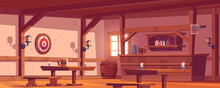 Old Tavern, Vintage Pub With Wooden Bar Counter, Shelf With Bottles, Lanterns And Beer Mug On Table. Vector Cartoon Empty Interior Of Retro Saloon With Barrel And Darts Target On Wall