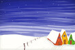 Kleines, handgezeichnetes Dorf im Schnee mit roten, grünen und gelben Häusern vor Nachthimmel mit Sternen oder Schneeflocken, weiß verschneite Landschaft mit Zaun illustration