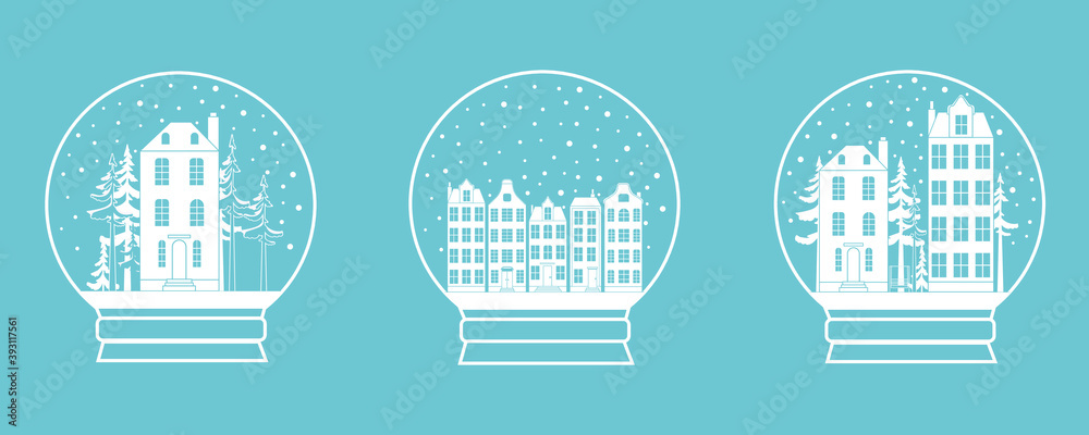 Set of vector images of a snow globe. Snow-covered city in a snow globe ...