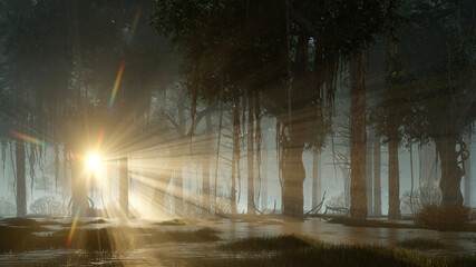 Wall Mural - scenic sunset on a mysterious forest swamp with last sun rays shining through creepy dead tree silho