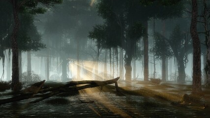 Wall Mural - scary woodland scenery on forest swamp with mystical fairy firefly lights flying in a last sun rays 