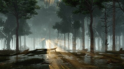 Wall Mural - mystical forest swamp with supernatural firefly lights soaring in a last sun rays shining through cr