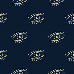 Wall Mural - vector seamless pattern in boho style with hand drawn eyes on dark blue background