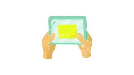 Poster - Hands holding a tablet with letter animation of cartoon icon on white background