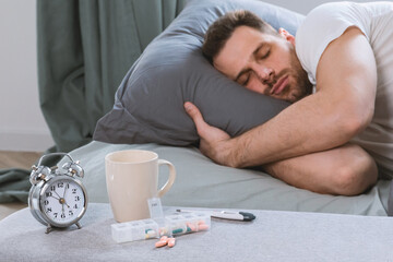 Aufkleber - Man Resting In Bed After Taking Sleeping Pills In Bedroom