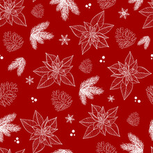 Seamless Pattern With Hand Drawn Poinsettia Flower And Floral Branch, Berry, Snowflake, Mistletoe, Christmas Tree.