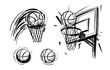 Set of basketball sketch. Basketball emblem, ball, basket, sketch vector illustration