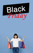 © master1305 - Beautiful woman inviting for shopping in black friday, sales concept. Vertical flyer. Cyber monday and online purchases, negative space for ad. Finance and money. Blue background with lettering.