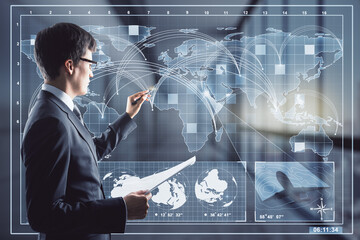 Aufkleber - Businessman working with digital world map, networking and globalization concept