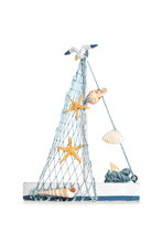 Beautiful Decorative Blue White Sailboat With Seashells, Starfish And Seagull