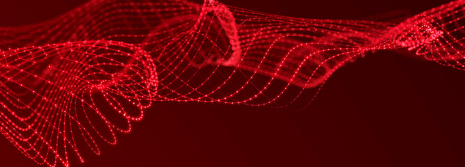 Leinwandbilder - Futuristic wave on dark background. Colored pattern of connection dots. Big data. Technology or Science Banner. 3D