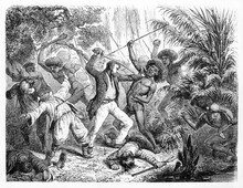People Surrounded And Attacked By Natives In A Jungle Fight In Rossell Island, Louisiade Archipelago. Ancient Grey Tone Etching Style Art By Hadamard Published On Le Tour Du Monde, Paris, 1861