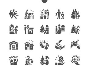 Naklejka na meble Family Christmas home. Decorate christmas house. Happy New Year. Paper snowflake. Family is preparing for the holiday. Vector Solid Icons. Simple Pictogram
