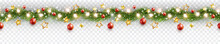 Border With Green Fir Branches, Gold Stars, Red Balls, Lights Isolated On Transparent Background. Pine, Xmas Evergreen Plants Seamless Banner. Vector Christmas Tree Garland Decoration
