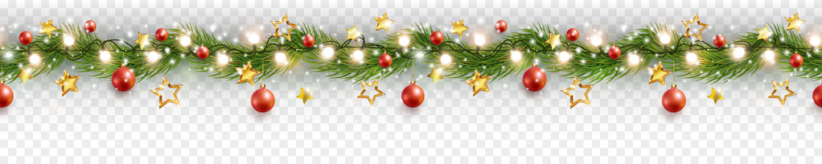 border with green fir branches, gold stars, red balls, lights isolated on transparent background. pi