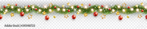 Fotografía Border with green fir branches, gold stars, red balls, lights isolated on transparent background