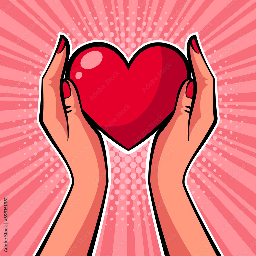 Hands holding heart. Pop art vector illustration. Stock Vector | Adobe Stock, image size:1000x1000