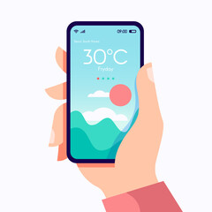 Poster - Hand holding smartphone. Weather app, hot sunny day concept, touchscreen device with summer temperature vector flat illustration