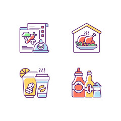 Sticker - Online restaurant delivery RGB color icons set. Vegan menu. Home-cooked meals. Drinks and beverages. Condiments and sauces. Plant-based food. Hand-prepared dishes. Isolated vector illustrations