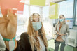 © Philippe Degroote/ADDICTIVE STOCK - Through glass view of young creative female coworkers in medical masks working with sticky notes while discussing marketing strategy during meeting in contemporary workspace