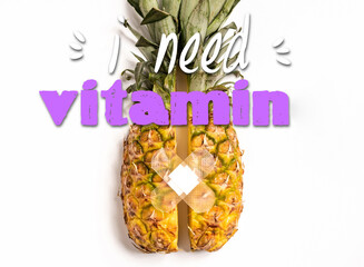 Sticker - top view of cut ripe pineapple with patch on white background, i need vitamin illustration