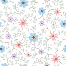 Seamless Surface Repeat Vector Pattern With Little Blue, Purple And Peach Flowers And Green Leaf Vines On A White Background
