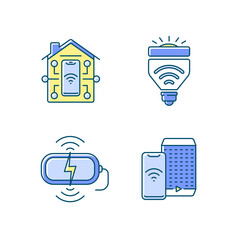 Sticker - Remote access to different devices RGB color icons set. Smart home with light bulbs. Futuristic ai speaker assistant Isolated vector illustrations