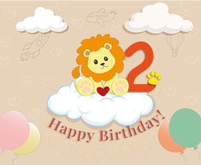 cute baby lion sitting on a cloud 2 years old gift card happy birthday warm colors 