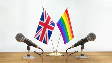Poster - Microphones and flags pair on a desk over defocused background