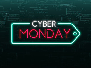 Poster - Cyber Monday arrow neon sign on futuristic concept dark green metallic background	
