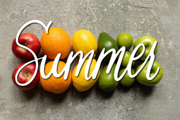 Wall Mural - top view of tasty colorful fruits on grey concrete surface, summer illustration