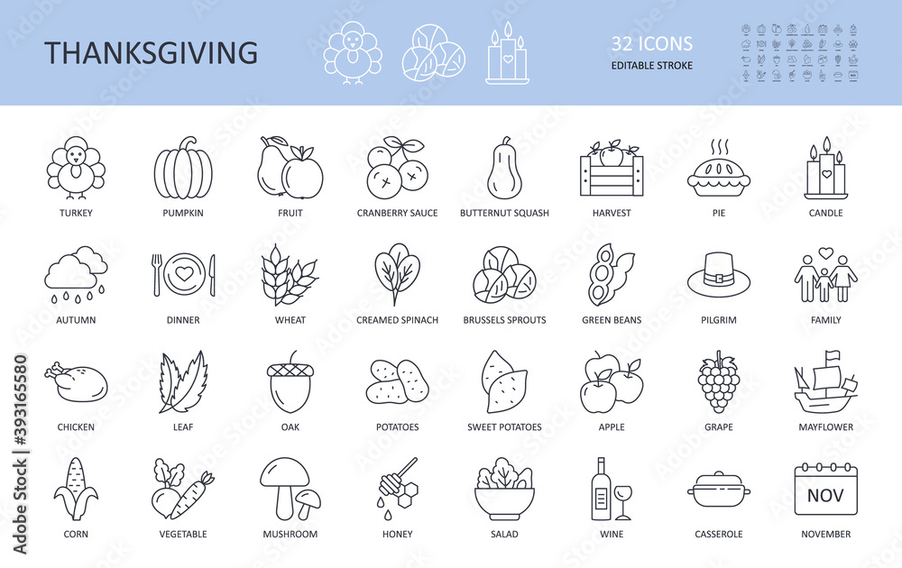 Thanksgiving Powerpoint Icon Vector icons Thanksgiving Day. Editable stroke. Turkey potatoes sweet ...