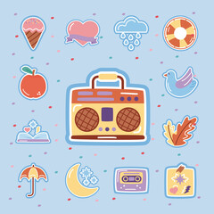 Sticker - retro radio with set stickers flat style icons