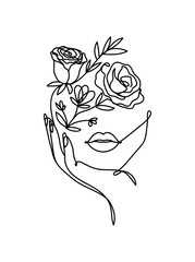 One line vector drawing with abstract face with flowers. Freehand continuous line portrait design. Botanical hand drawn elements for beauty,fashion,cosmetics, prints etc.Vector illustration