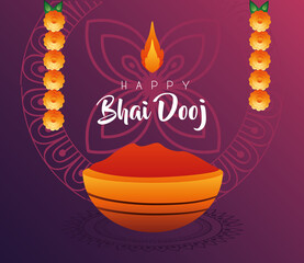 Sticker - happy bhai dooj celebration card with red paint and flowers hanging