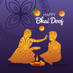 Sticker - happy bhai dooj celebration card with brother and sister golden silhouette