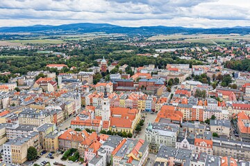 Aerial drone of Swidnica city center and old town. Swidnica, Lower Silesia, Poland