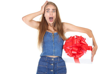 Sticker - Young girl holding gift box on white background