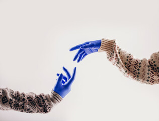 closeup of two people, wearing blue surgical gloves. Gloves. Hands concept. Photo. 