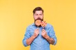 © be free - Dont let hunger happen to you. Surprised hipster look at lollipops. Enjoying candy snack. Unhealthy food and snacking. Diet and dieting. Sweet snack. Dessert. Candy shop. Double your pleasure
