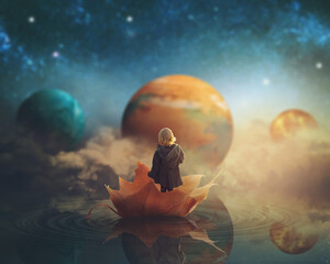 little girl travelling through dream world, floating on a big fallen leaf; imagination/fantasy backg